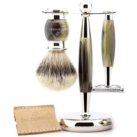 Jag Shaving Double Edge Shaving Set with Silver Tip Badger Hair Brush, Razor, Brush Stand and Bowl