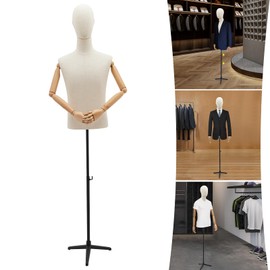 Male Mannequin Torso, Male Mannequin with Metal Stand Adjustable Height 53-76in, Male Dress Form Display for Clothing Jewelry Stores Wedding Dress Shops Linen+Black(M Size