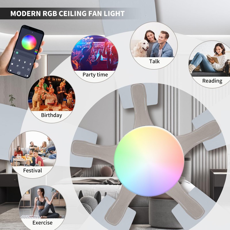 FUMLTP Ceiling Fans with Lights, 54inch RGB Low Profile Ceiling