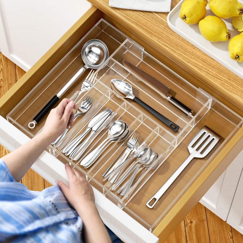 NIUBEE Expandable Kitchen Drawer Organizer for Flatware and Utensils,Clear Acrylic