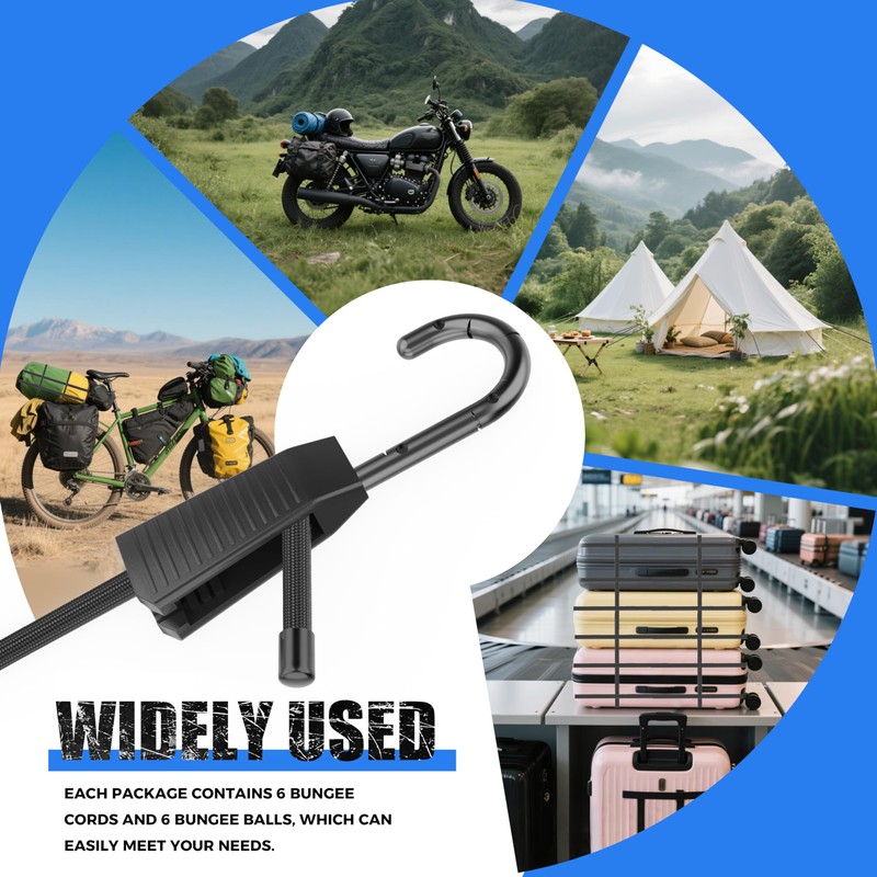 36 Inch Adjustable Bungee Cords with Hooks, 6 Pcs Black