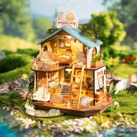 ROBOTIME DIY Miniature House Kit with LED and Furniture Puppy's Cozy Villa, Wooden Dollhouse Model Building Kit Gift for Children and Adults