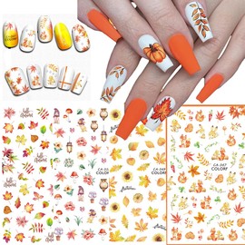 Fall Nail Stickers for Nail Art Maple Leaf Nail Art Stickers Decals Thanksgiving Nail Art Supplies 9PCS Maple Leaves Pumpkin Sunflower Fall Nail Art Designs Sticker for Women DIY Nail Decorations