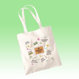 My Mindset Tote Bag - Daily Affirmation Mindfulness Zen Positive Vibes Patience Meditation Small Steps Good Day Women's Fashion Cotton Shopper Present Gift (Natural)