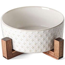 LE TAUCI Dog Bowls Ceramic, Bowl Set with Acacia Wood Stand, 7 Inches Dog Food and Water Bowl for Medium Large Sized, Weighted Dog, Pet Bowls