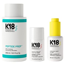 K18 Detox & Repair Bundle - Leave-In Repair Hair Mask, 4-Minute Speed Treatment(15ml), Color Safe Detox Clarifying Shampoo (8.5oz) to remove build up, and Weightless Hair Strengthening Oil (30ml)