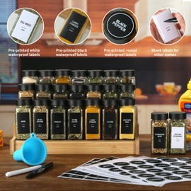 GMAMXD 24 Pcs Glass Spice Jars with Labels,4 oz Seasoning Containers,Spice Containers with Black Airtight Lids and Shaker Lids,Square Empty Spice Bottles, 492 Labels,2 Marker Pens,1 Funnel