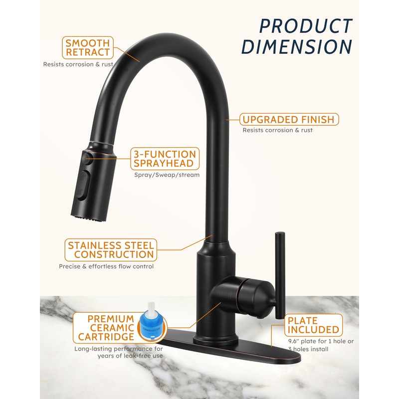 WOWOW Kitchen Faucets with Pull Down Sprayer, Oiled Rubbed Bronze