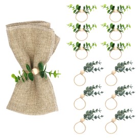 12pcs Greenery Napkin Rings, 2 Styles Green Leaf Faux Eucalyptus Napkin Rings Holders Spring Decorative Serviette Buckles Rustic Farmhouse Wood Bead Napkin Rings for Weddings Christmas Easter Holidays