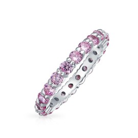 Cubic Zirconia Pink CZ Band Stackable Eternity Anniversary Wedding Band Ring For Women For Teen .925 Sterling Silver