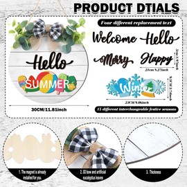 Burbell 20 Pcs Interchangeable Welcome Sign Interchangeable Wooden Seasonal Hello Sign Rustic Round Seasonal Wreaths for Front Door Porch Wall Decor Fall Christmas Wall Decor(White and Black)