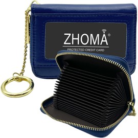 ZHOMA RFID Blocking Genuine Leather Credit Card Case Holder Security Travel Wallet With Removable Keychain ID Window (NEW) - Blue 01