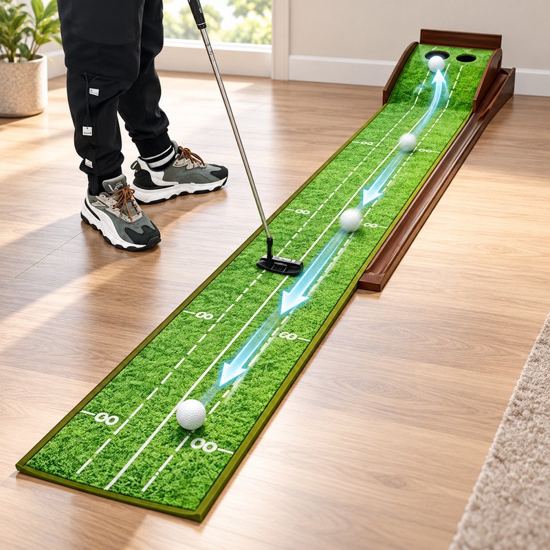 Golf Putting Mat with Wooden Automatic Ball Return, 2-Hole Indoor