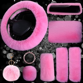 9-Pack Fluffy Car Accessories Set,Silence Shopping Fluffy Steering Wheel Cover Winter Warm Fur Steering Wheel Cover Fuzzy Car Decoration Accessories for Women Girls (Pink)