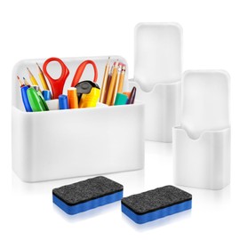 NEWJEK Pack of 3 Magnetic Pen Holder, Pen Holder Magnetic with 2 Pieces Whiteboard Sponge, Whiteboard Accessories, Magnetic Marker Holder for Fridge School Office (White)