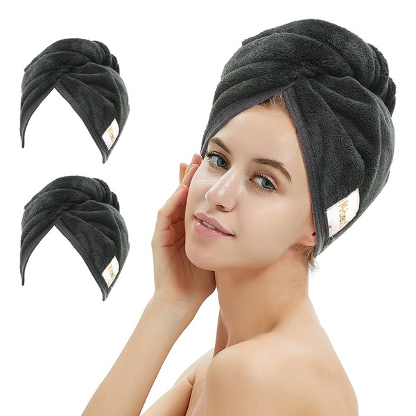 M-bestl 2 Pack Microfiber Hair Towel Wrap,Hair Drying Towel with Button,Absorbent and Anti-frizz Head Towel to Dry Hair Quickly (Black)