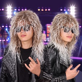 Tereshar 80s Wig with Glasses White with Brown Cosplay Wig Long Curly Mullet Wigs Punk Heavy Metal Rocker Wig for Men and Women (White with Brown, withGlasses)