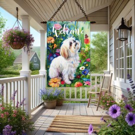 HOMETITUTE Shih Tzu Dog Welcome Garden Flag 28 x 40 Inch Double Sided House Flag with White Puppy and Floral Meadow Design for Yard Porch Outdoor Spring Summer Decor