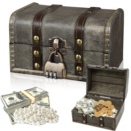 Forbabe Wooden Treasure Chest with Lock Storage Treasure Chest Vintage Jewellery Box with Lid Small Pirate Treasure Chest Wooden Treasure Chest Children's Birthday Party (16 x 12 x 9.5 cm, Grey)