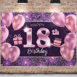 PAKBOOM Happy 18th Birthday Banner Backdrop - 18 Birthday Party Decorations Supplies for Women- Pink Purple Gold 4 x 6ft