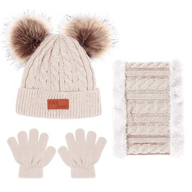 Pack of 3 Girls Winter Beanie Hat, Scarf, Gloves Set, Children's Winter Hat Scarf Gloves Set, Hat Warm Beanie Hat Boys Gloves Round Scarf Set for Children 1-6 Years Old, beige
