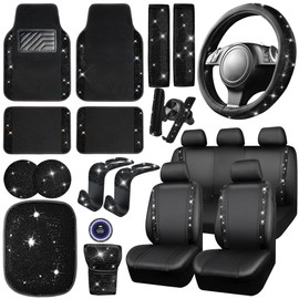 CAR PASS 23 PCS Bling Diamond Car Accessories Set for Women, Leather Seat Covers Full Set Floor Mats Steering Wheel Cover, Coasters Seat Belt Covers Phone Holder Universal Fit Car SUV Truck Van Black