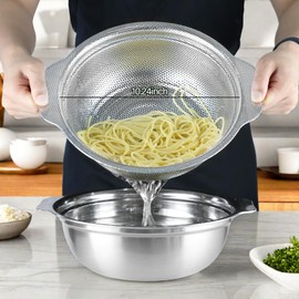 POPGRADE Stainless Steel Colander, 5QT Large Capacity with Mixing Bowl, Rice Washing Bowl with Strainer for Washing Vegetables, Fruit, Spaghetti, Pasta Strainer, Dishwasher Safe(2PC)