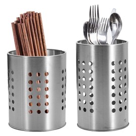 ACHANFLY 2 Pcs Utensil Holder Kitchen Utensil Organizer Cutlery Drainer Stainless Steel Cooking Utensil Caddy Metal Cutlery Holder Tableware Storage for Spatulas Spoons and Tongs (10*16.5cm/12*15cm)