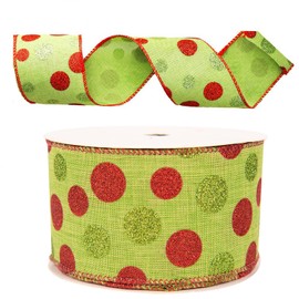 Christmas Ribbon Wired 2.5 Inch Dots with Stripes 5 Yard Long Wired Wrapping Colorful Fabric Ribbon Xmas Decorative