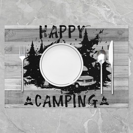 Erosebridal Happy Camping Placemats Set of 4,Galaxy Starts Place Mats for Kids Girls,Woodland Camper Table Mats,Rustic Wooden Plank Mountain Waterproof Placemats 12x18 Inch