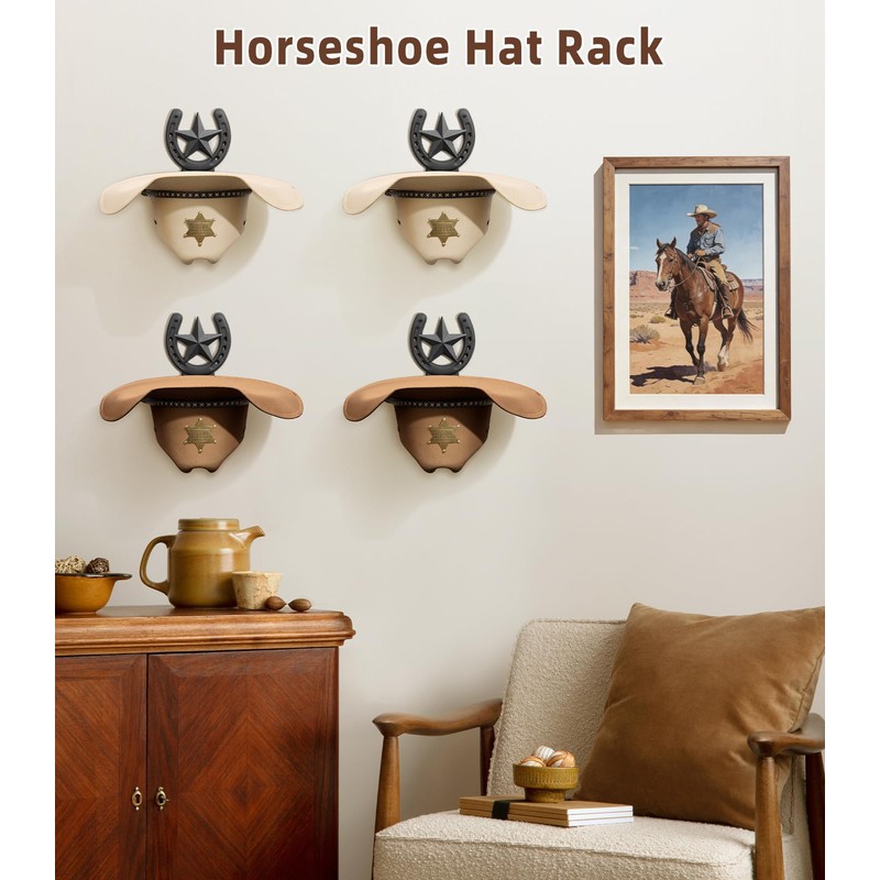 Cowboy Hat Holder Wall Mount Metal Western Horseshoe Hat Rack
