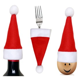 Holibanna 60pcs Mini Santa Hat Christmas Hats Cutlery Holder Fork Holder Hats Cutlery Bag Wine Bottles Cover for Christmas Party Table Decoration