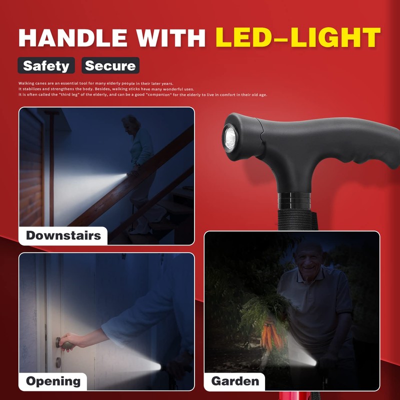 BigAlex Folding Walking Cane with LED Light,Pivoting Quad Base,Adjustable Walking