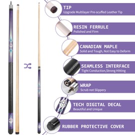 Kmise Pool Stick Set of 5, 58" 20oz Pool Cue Stick, Canadian Maple Billiard Pool Cue Stick, Professional Pool Cue for Bar House Pool Table Sports,Purple.