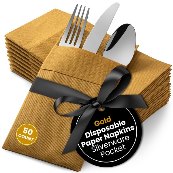 AH AMERICAN HOMESTEAD Linen Feel Paper Dinner Napkins with Silverware Pocket - 16"x15.5" Bulk Disposable Napkins, Elegant Linen Like Style Hand Towel Napkins for Dinner Parties Weddings - Gold 50ct