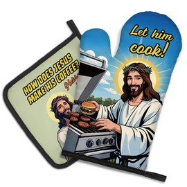 DYJYBMY Let Him Cook How Does Jesus Make His Coffee Funny Oven Mitts and Pot Holder Set, Funny Kitchen Gadgets for Women Coffee Lover, Religion Baking Gifts for Christian Mom Wife Aunt Sister BFF