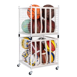 Mythinglogic Rolling Sports Ball Storage Cart, Sports Lockable Ball Storage Locker with Elastic Straps, Stackable Ball Cage for Garage Storage Garage Organizer (White)