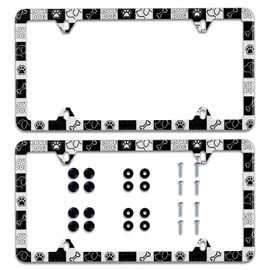 【2Pcs】 Black White Dog Plaid Dogs Bone Paw License Plate Frame Cute Animals Stainless Steel Car Plate Accessory Decor 8 Holes Screws 12.3" x 6.3" Fit All Vehicle Standard Size