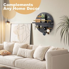 DAAIXC Key Holder for Wall Decorative, Key Hooks Wall Mounted with Shelf and Wooden Key Holder Round Key Hooks for Entryway Mudroom Hallway Kitchen Office (Black)