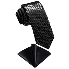 DiBanGu Shiny Black Sequin Slim Tie Set,Mens Solid Skinny Necktie and Pocket Square for Wedding Party
