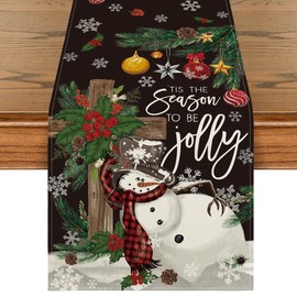 Artoid Mode Black Holly Snowman Leaves Christmas Table Runner, Seasonal Winter Xmas Balls Kitchen Dining Table Decoration for Home Party Decor 13x72 Inch