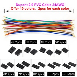 Tcenofoxy Compatible with Dupont 2.0mm Pre-Crimped Cable, 24AWG UL1007 PVC Cable 10 Colors, 50cm with 2P 3P 4P 5P 6P 7P 8P 9P 10P Connector Assort for DIY Item (TC-Du-2.0-50cm)