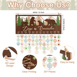 CHDITB 3D Days to Remember Birthday Calendar Wall Hanging(16”x7”), Woodland Bear Nursery Themed Family Birthday Reminder Tracker with Tags, Wooden DIY Gifts for Mother Grandma Friends Family