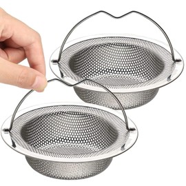 2 Pack Kitchen Sink Strainer, Stainless Steel Large Sink Sieve with Lift-up Handle, Dia 7.5cm Anti Clogging Drain Strainer Sink Food Catcher Basket, Outer Rim 11cm