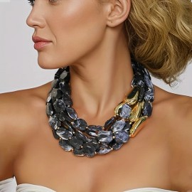 Bohemian Multi-Layer Black and Gray Beaded Golden Decorative Exaggerated Party Collarbone Chain for Daily Banquet Vacation WearColor: Green, Length: 20.87 inch