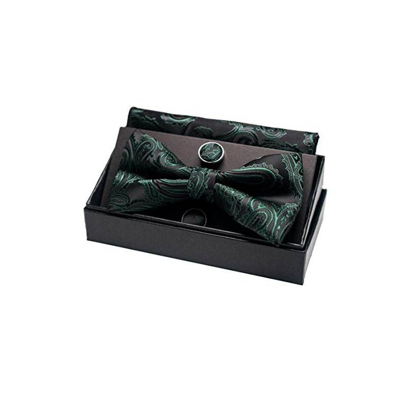 JEMYGINS Men's Paisley Pattern Bow Tie, Cuffs, Buttons, Handkerchief Set,