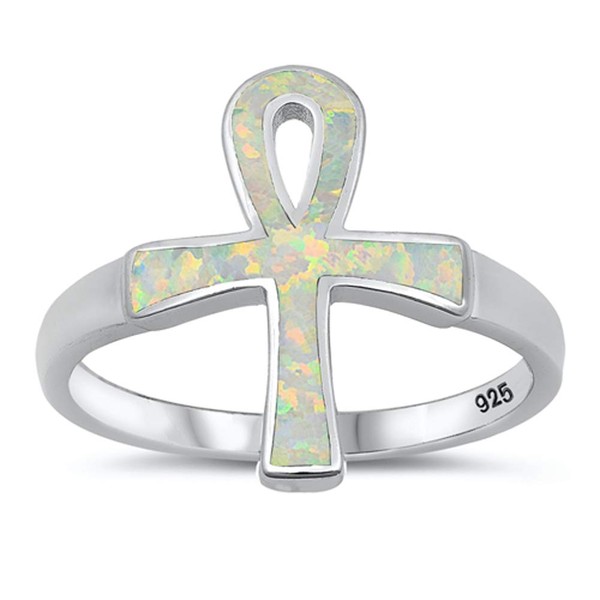 White Simulated Opal Ankh Wide Large Ring .925 Sterling Silver