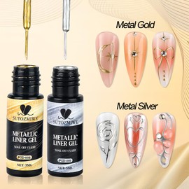 SUTOZMIWE 2Pcs 5ML Metallic Gel Liner Nail Polish Gold Silver 3D Mirror Chrome Effect Painting Gel with Thin Brush for French Nail Design Metal Painted Drawing Striped Wave at Home Salon