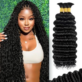 BIZVUS 22inch Human Braiding Hair for Boho Braids 110g Curly Boho Hair for Braiding Knotless 12A Wet and Wavy Bulk Bohemian 3 Bundles/Pack Deep Wave 100% Human Hair Extensions Natural Color