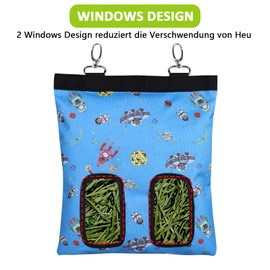 Rabbit Hay Bag Guinea Pig Feeding Station Feeder Small Animals Hay Bag Feeding Bag for Rabbit Chinchilla Hamster Small Animals (2 Windows, Pattern Blue)